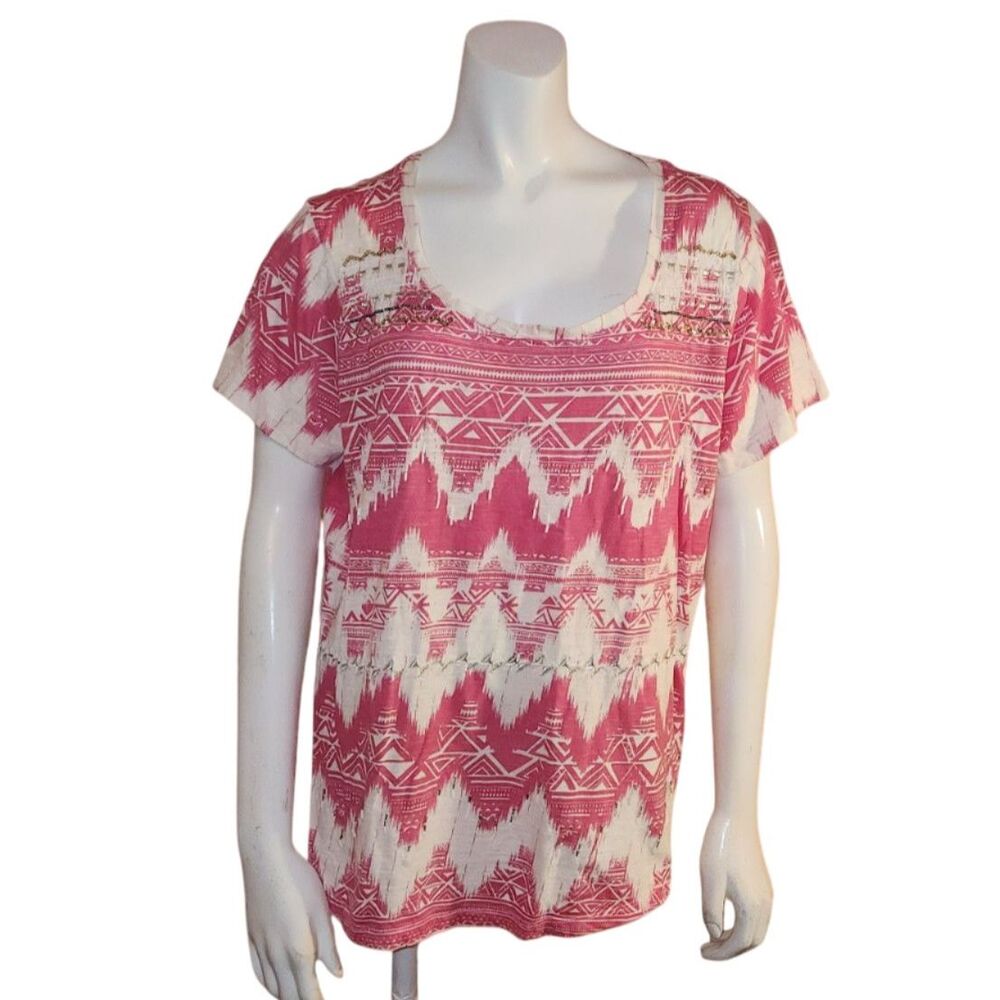Sonoma T Shirt Pink White Aztec Embellished Short Sleeve Top Womens Size Large